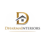 Elegant “DharmaInteriors” logo featuring a stylized gold letter “D” combined with a house roof and window icon, with the brand name in gold and dark gray serif typography on a clean white background.